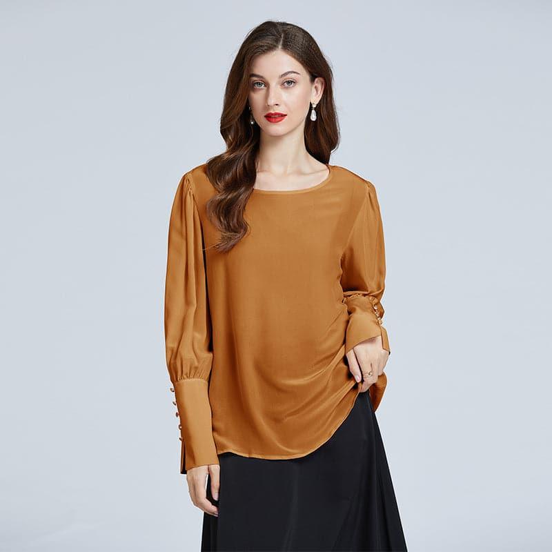 Silk Round Neck Lantern Sleeve Women Shirt Orange