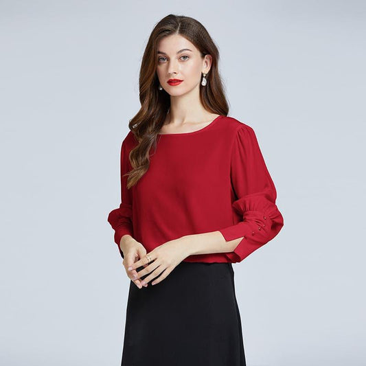 Silk Round Neck Lantern Sleeve Women Shirt Red