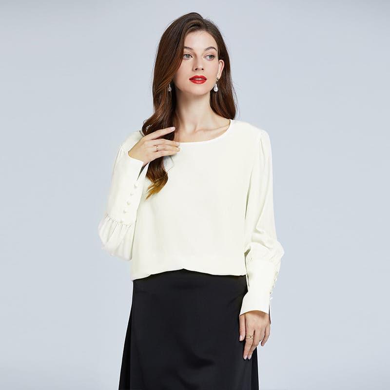 Silk Round Neck Lantern Sleeve Women Shirt White
