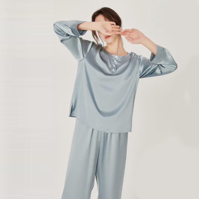 Silk Round Neck Pullover Pajamas Set Haze Blue