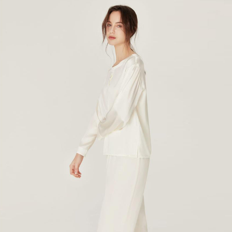 Silk Round Neck Pullover Pajamas Set White