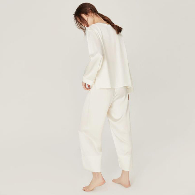 Silk Round Neck Pullover Pajamas Set White