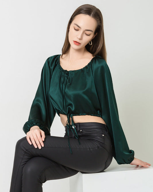 Lantern Sleeve Crop Top Silk Blouse Emerald