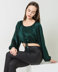 Lantern Sleeve Crop Top Silk Blouse Emerald