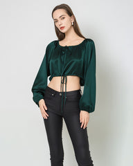 Lantern Sleeve Crop Top Silk Blouse Emerald