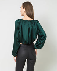 Lantern Sleeve Crop Top Silk Blouse Emerald