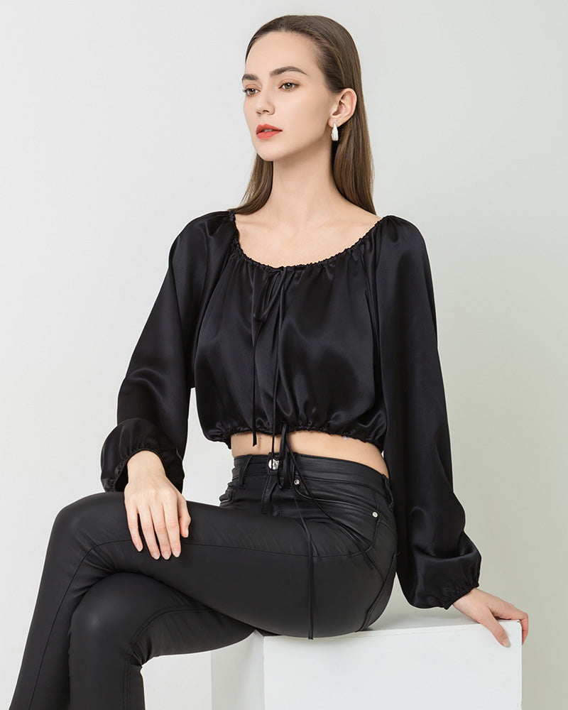 Lantern Sleeve Crop Top Silk Blouse Black