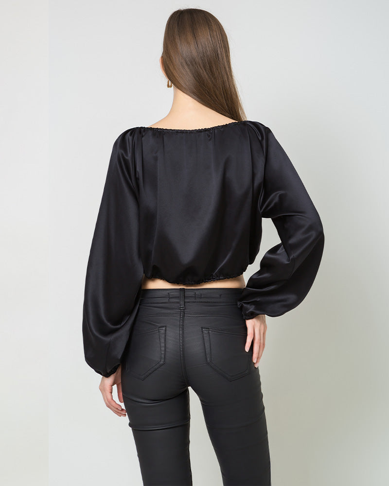 Lantern Sleeve Crop Top Silk Blouse Black