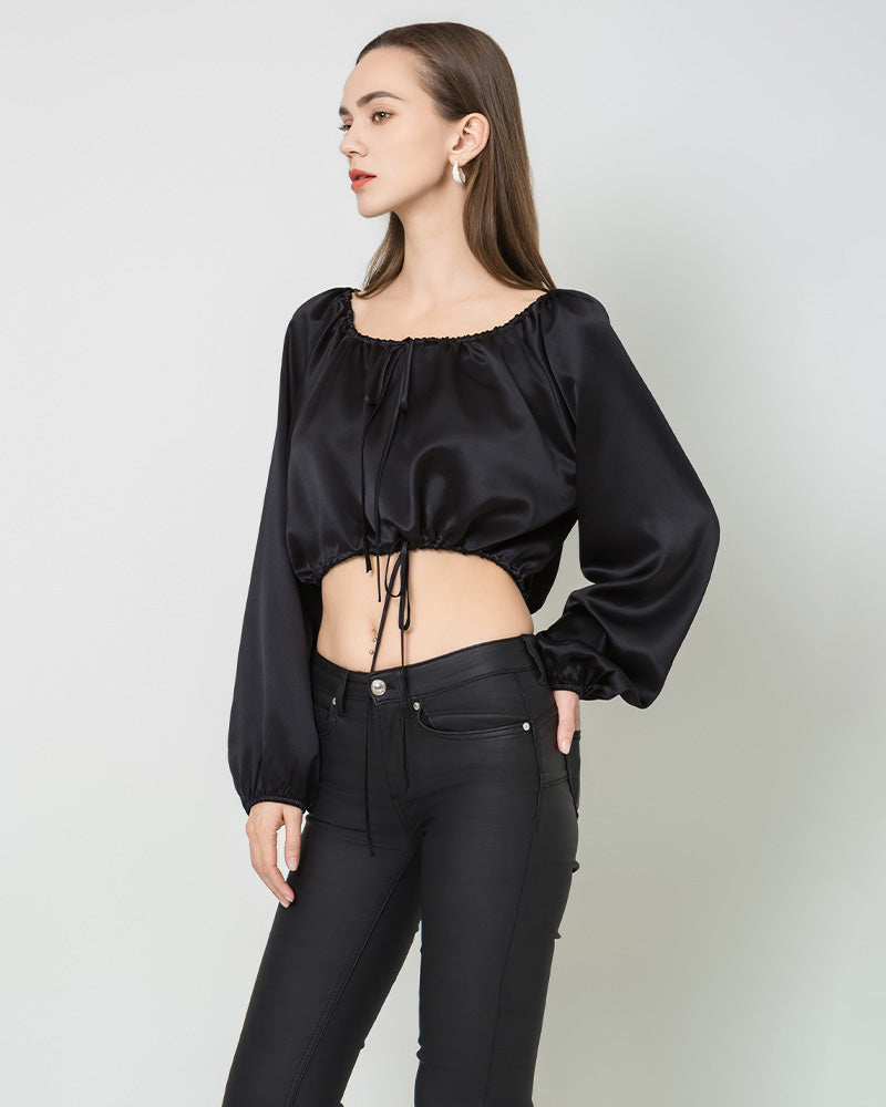Lantern Sleeve Crop Top Silk Blouse Black