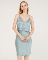 Ruffle Overlay Silk Dress Nightgown Haze Blue