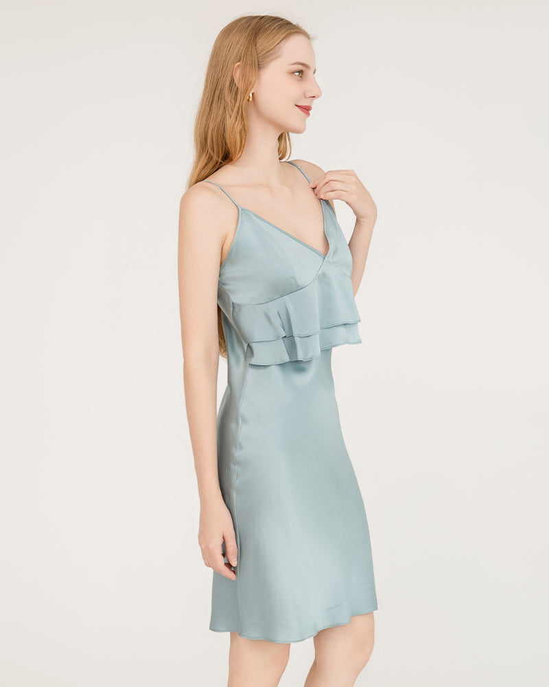 Ruffle Overlay Silk Dress Nightgown Haze Blue