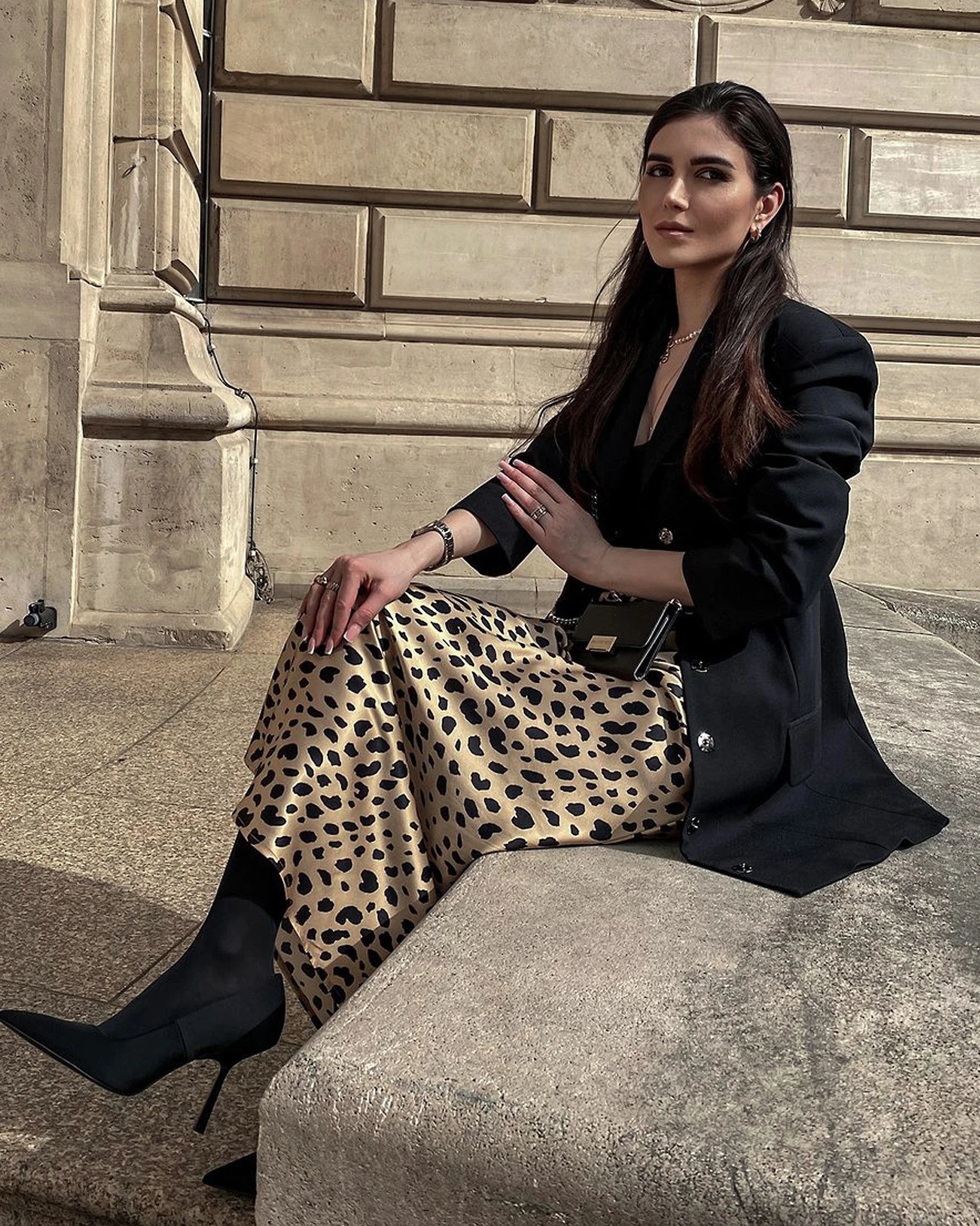 Silk Satin Bias Cut Long Leopard Print Skirt Gold Leopard