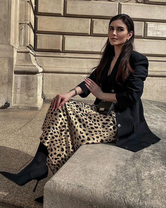 Silk Satin Bias Cut Long Leopard Print Skirt Gold Leopard