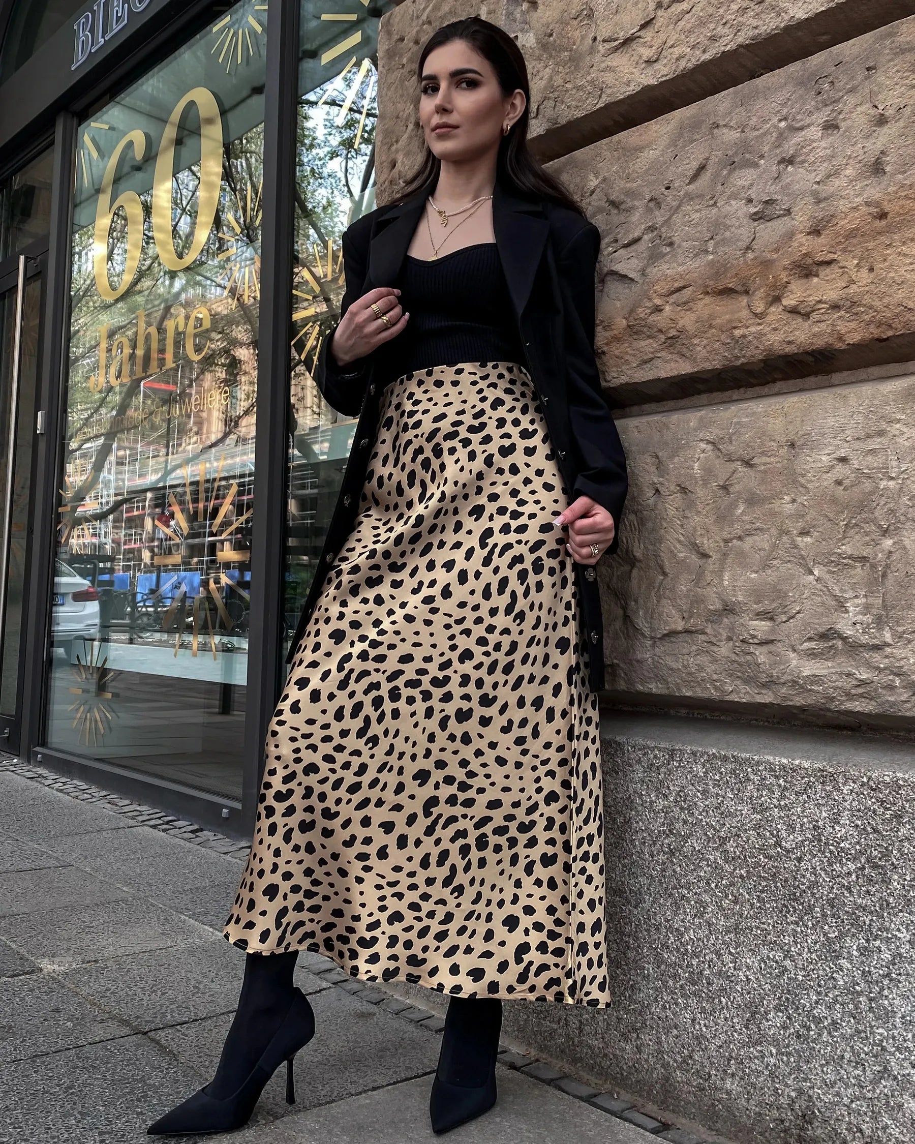 Silk Satin Bias Cut Long Leopard Print Skirt Gold Leopard