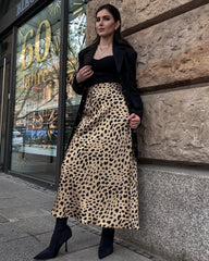 Silk Satin Bias Cut Long Leopard Print Skirt Gold Leopard