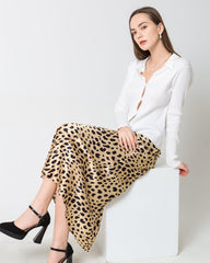 Silk Satin Bias Cut Long Leopard Print Skirt Gold Leopard