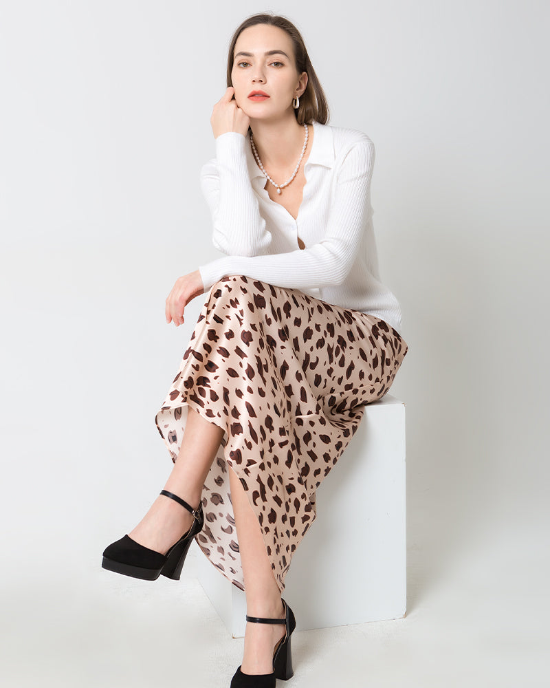 Silk Satin Bias Cut Long Leopard Print Skirt Pink Leopard