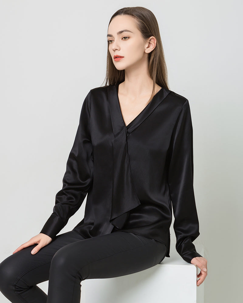 Silk Satin V-Neck Tie Women's Blouse Black