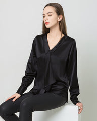 Silk Satin V-Neck Tie Women's Blouse Black