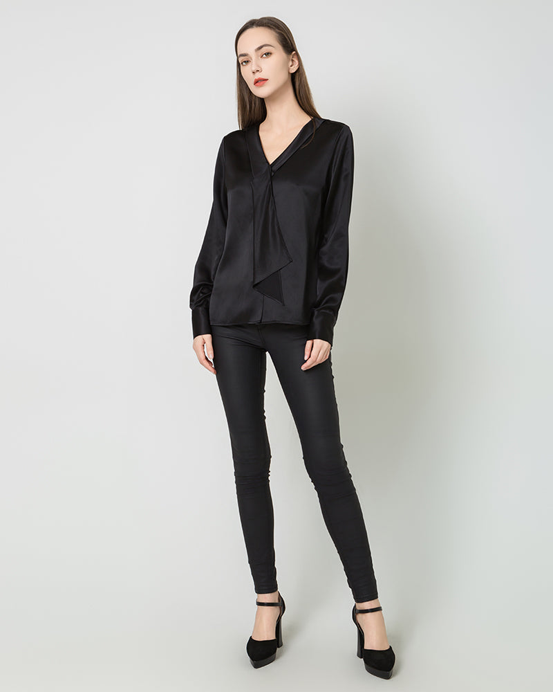 Silk Satin V-Neck Tie Women's Blouse Black
