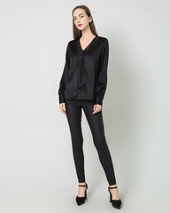 Silk Satin V-Neck Tie Women's Blouse Black