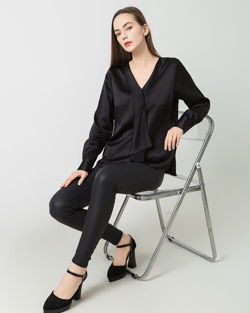 Silk Satin V-Neck Tie Women's Blouse Black