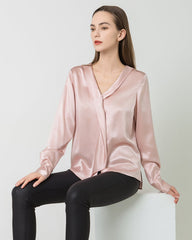 Silk Satin V-Neck Tie Women's Blouse Pink