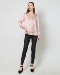 Silk Satin V-Neck Tie Women's Blouse Pink