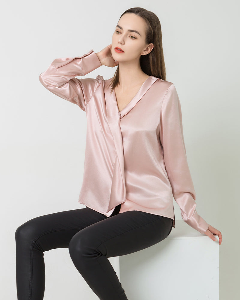 Silk Satin V-Neck Tie Women's Blouse Pink