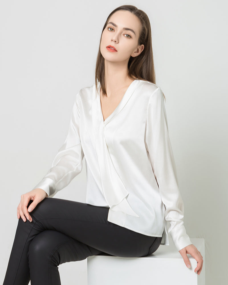 Silk Satin V-Neck Tie Women's Blouse White