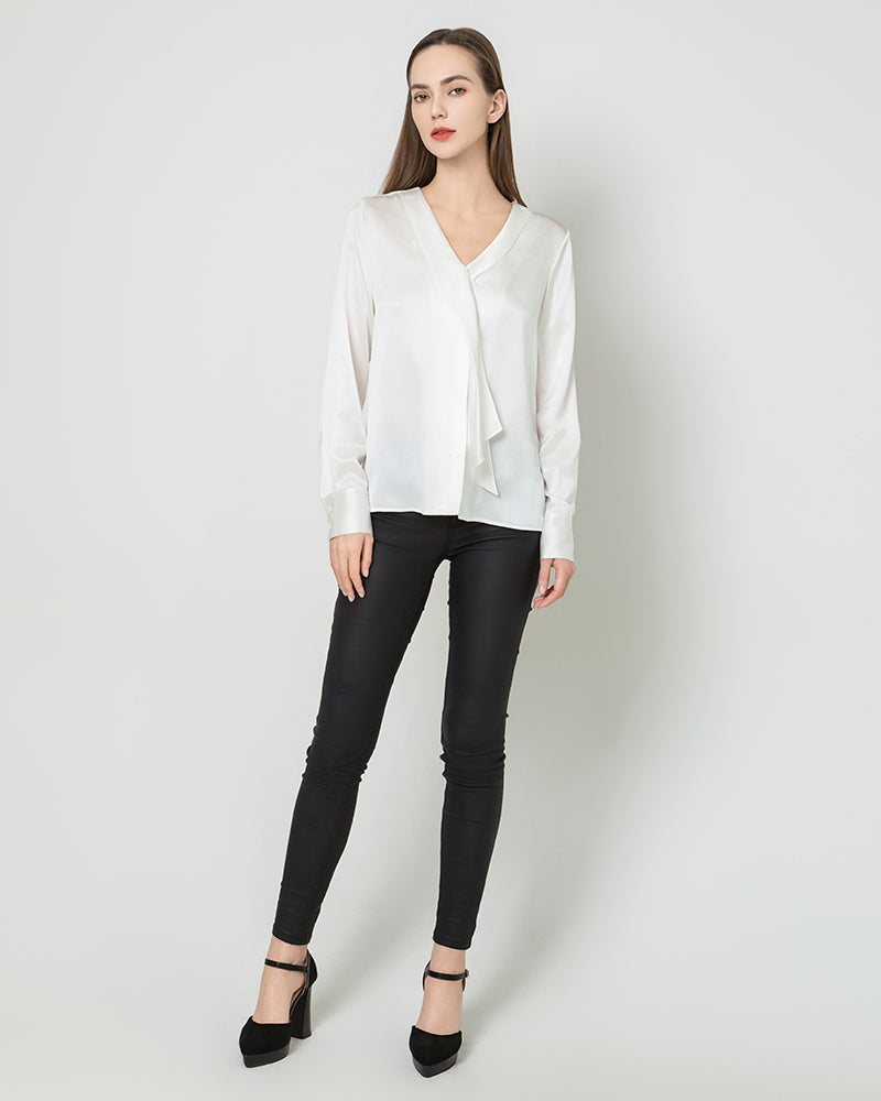 Silk Satin V-Neck Tie Women's Blouse White