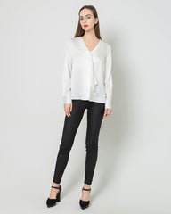 Silk Satin V-Neck Tie Women's Blouse White