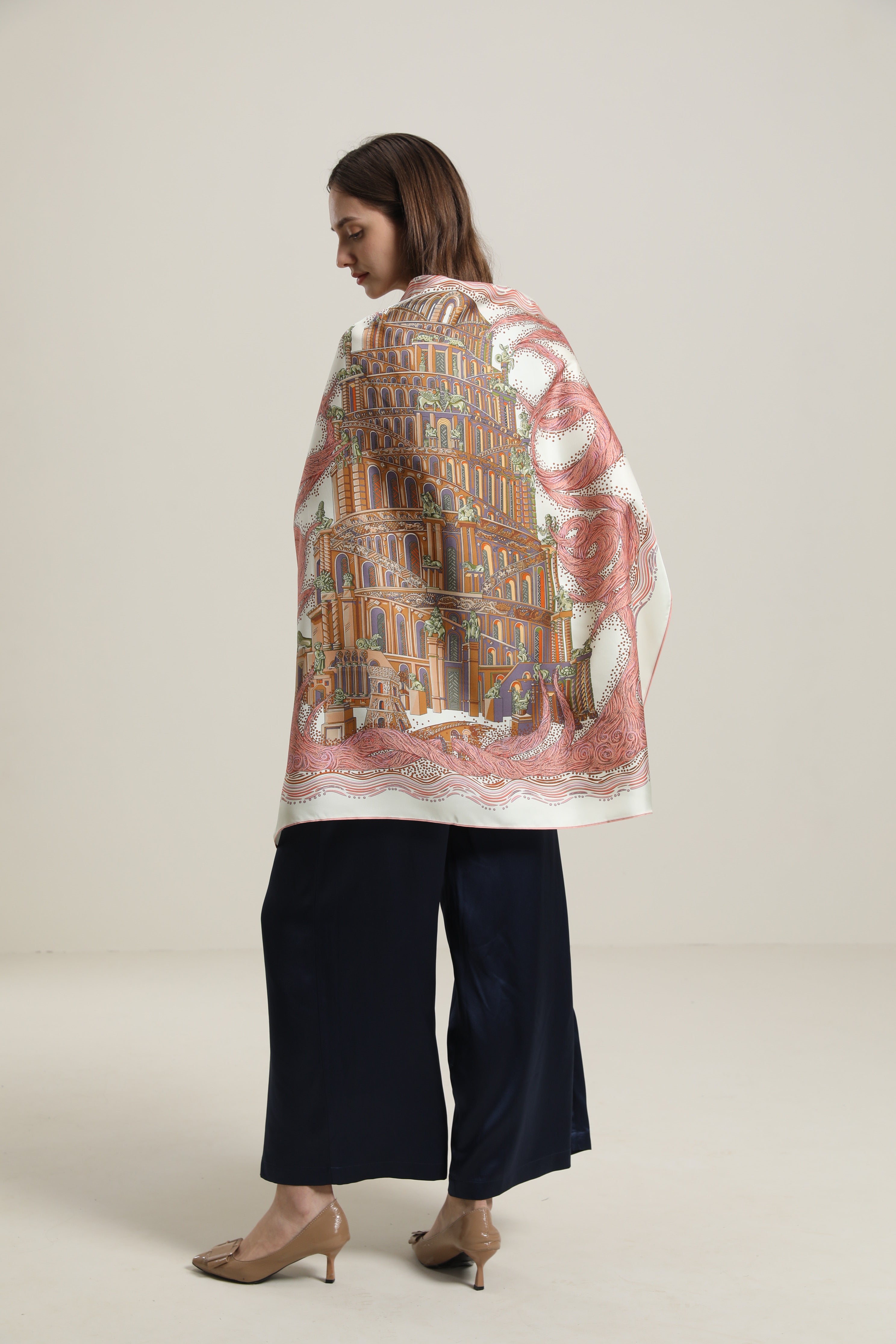 Silk Scarf with Vintage Castle Pattern