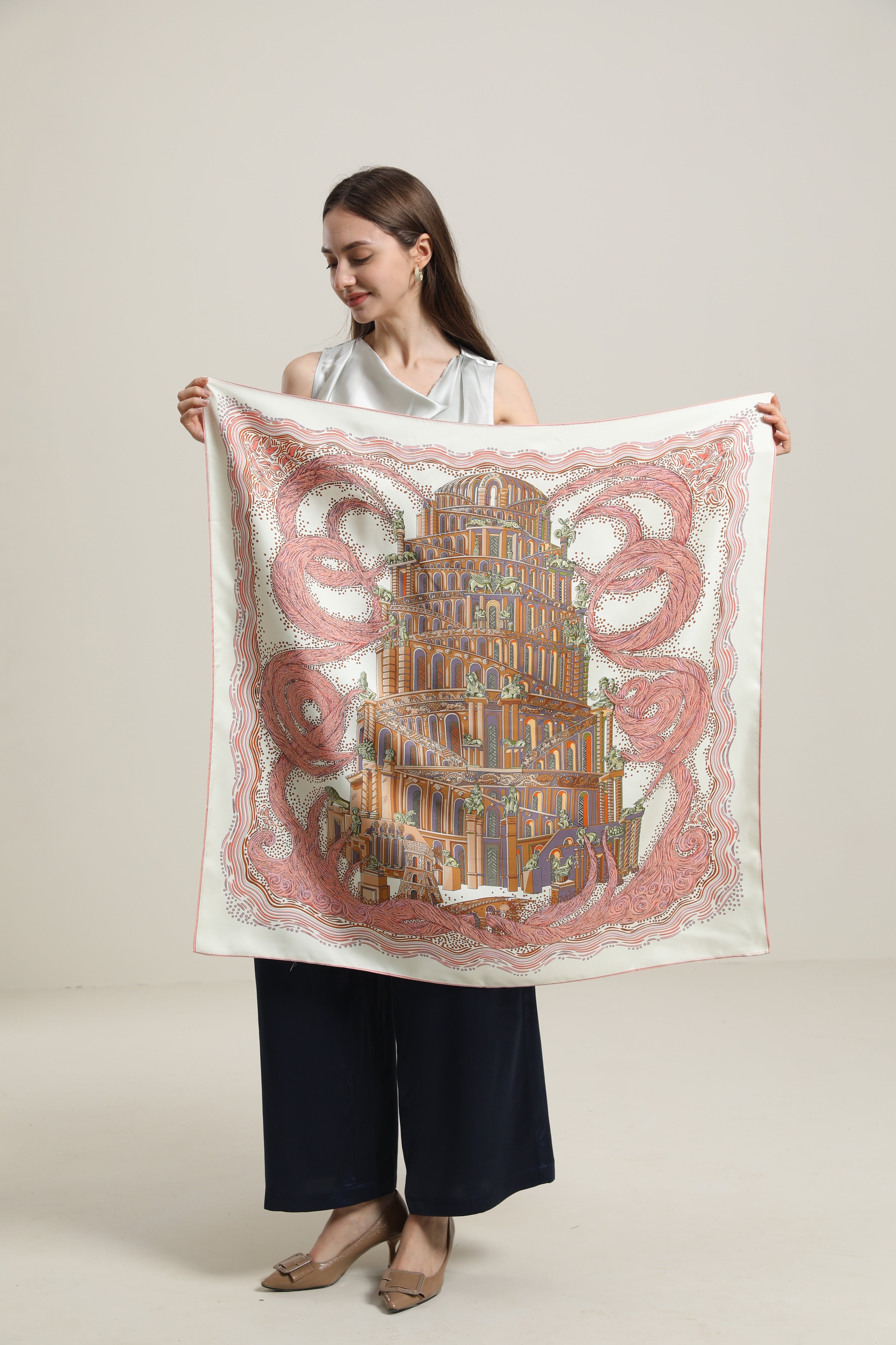 Silk Scarf with Vintage Castle Pattern