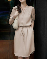 Silk Shirt Dress with Drawstring Waist