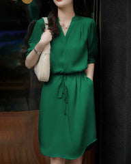 Silk Shirt Dress with Drawstring Waist
