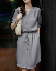 Silk Shirt Dress with Drawstring Waist
