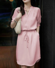 Silk Shirt Dress with Drawstring Waist