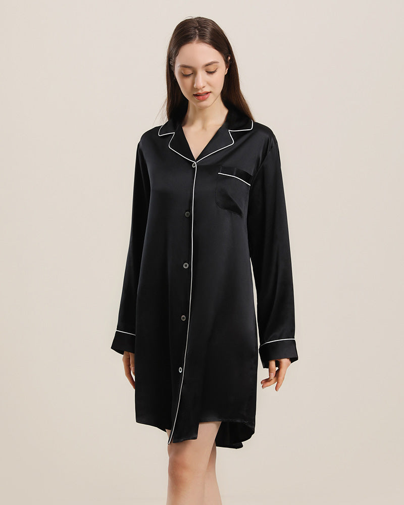 Silk Shirt Pajamas Sleepwear Piping Style Black