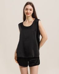 Silk Sleeveless Silk Two Piece Pajamas Black