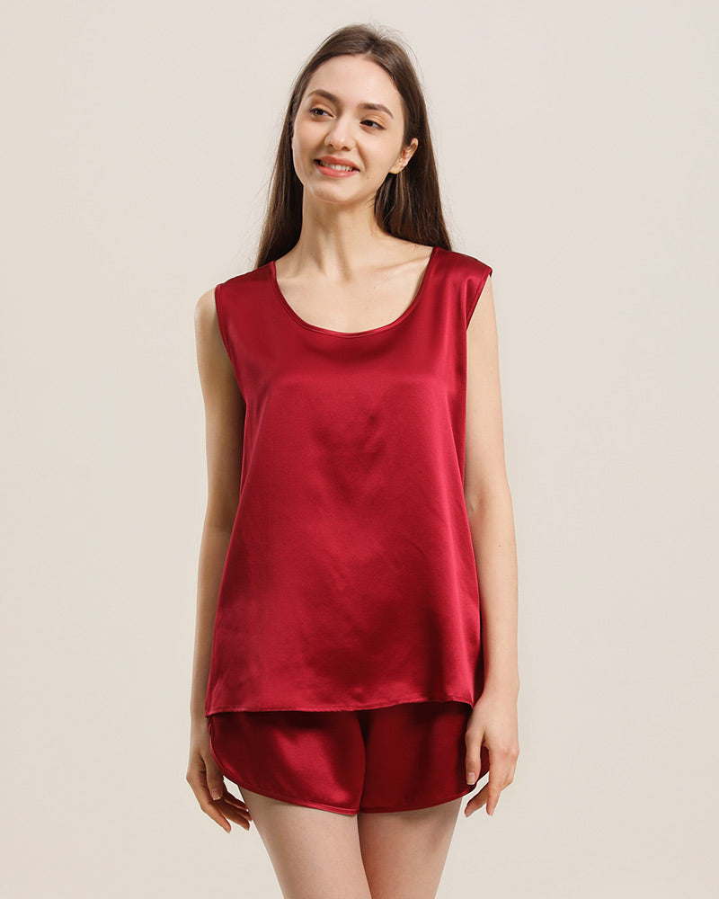 Silk Sleeveless Silk Two Piece Pajamas Burgundy