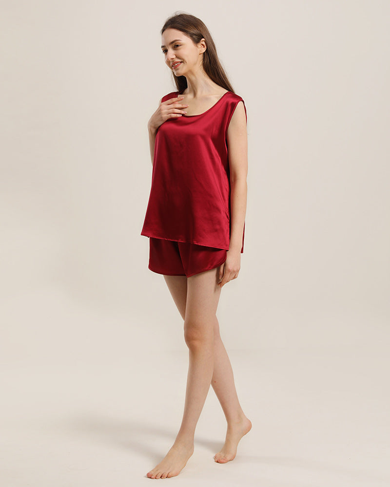 Silk Sleeveless Silk Two Piece Pajamas Burgundy