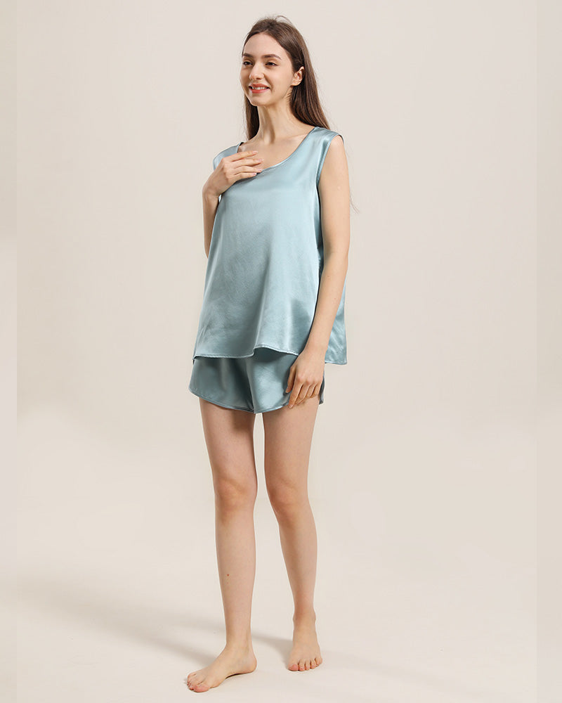 Silk Sleeveless Silk Two Piece Pajamas Haze Blue