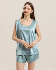 Silk Sleeveless Silk Two Piece Pajamas Haze Blue