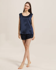Silk Sleeveless Silk Two Piece Pajamas Navy