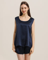Silk Sleeveless Silk Two Piece Pajamas Navy