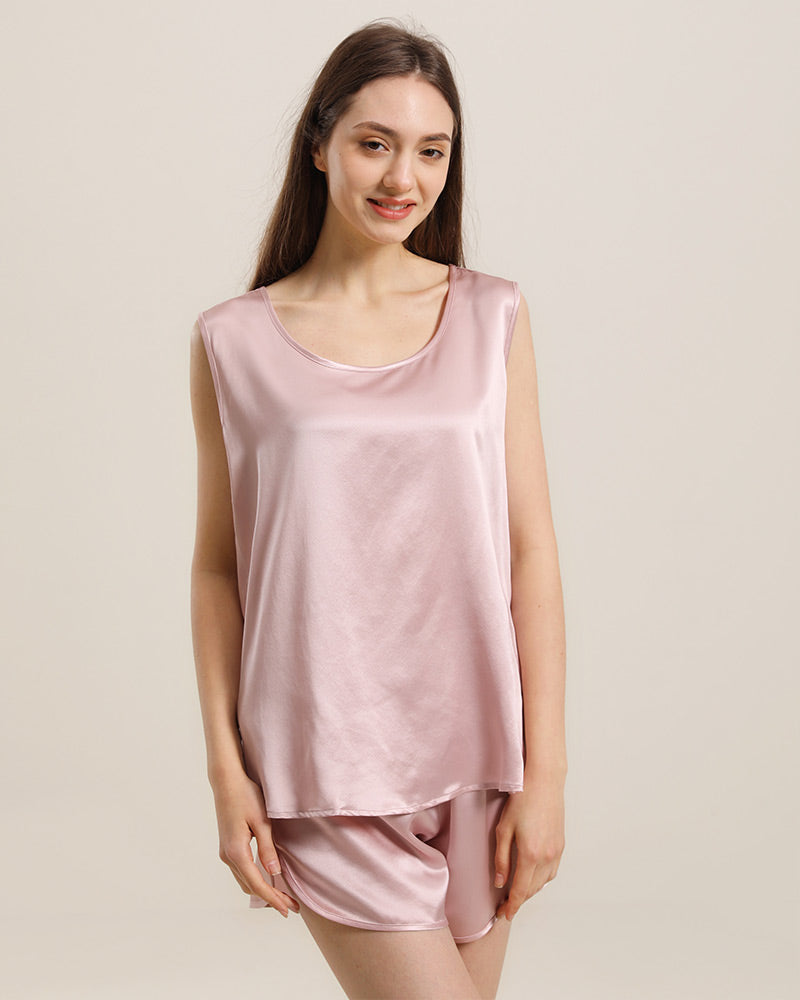 Silk Sleeveless Silk Two Piece Pajamas Rose Pink
