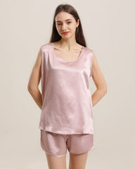 Silk Sleeveless Silk Two Piece Pajamas Rose Pink