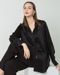 Silk Satin Oversized Button Up Shirt Black
