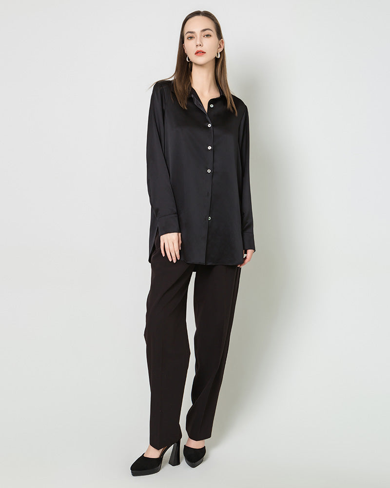 Silk Satin Oversized Button Up Shirt Black